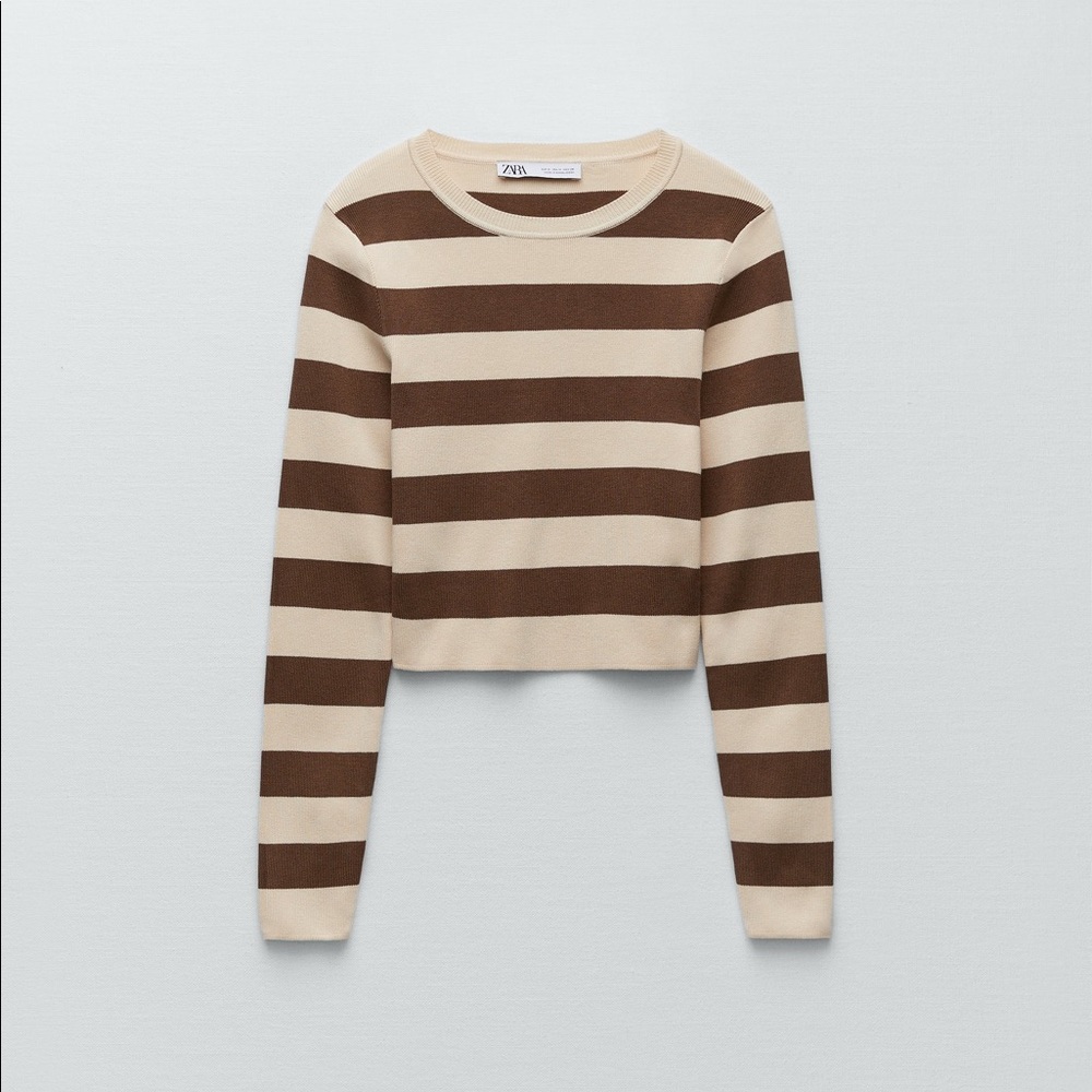 Zara ribbed knit brown/ecru striped sweater